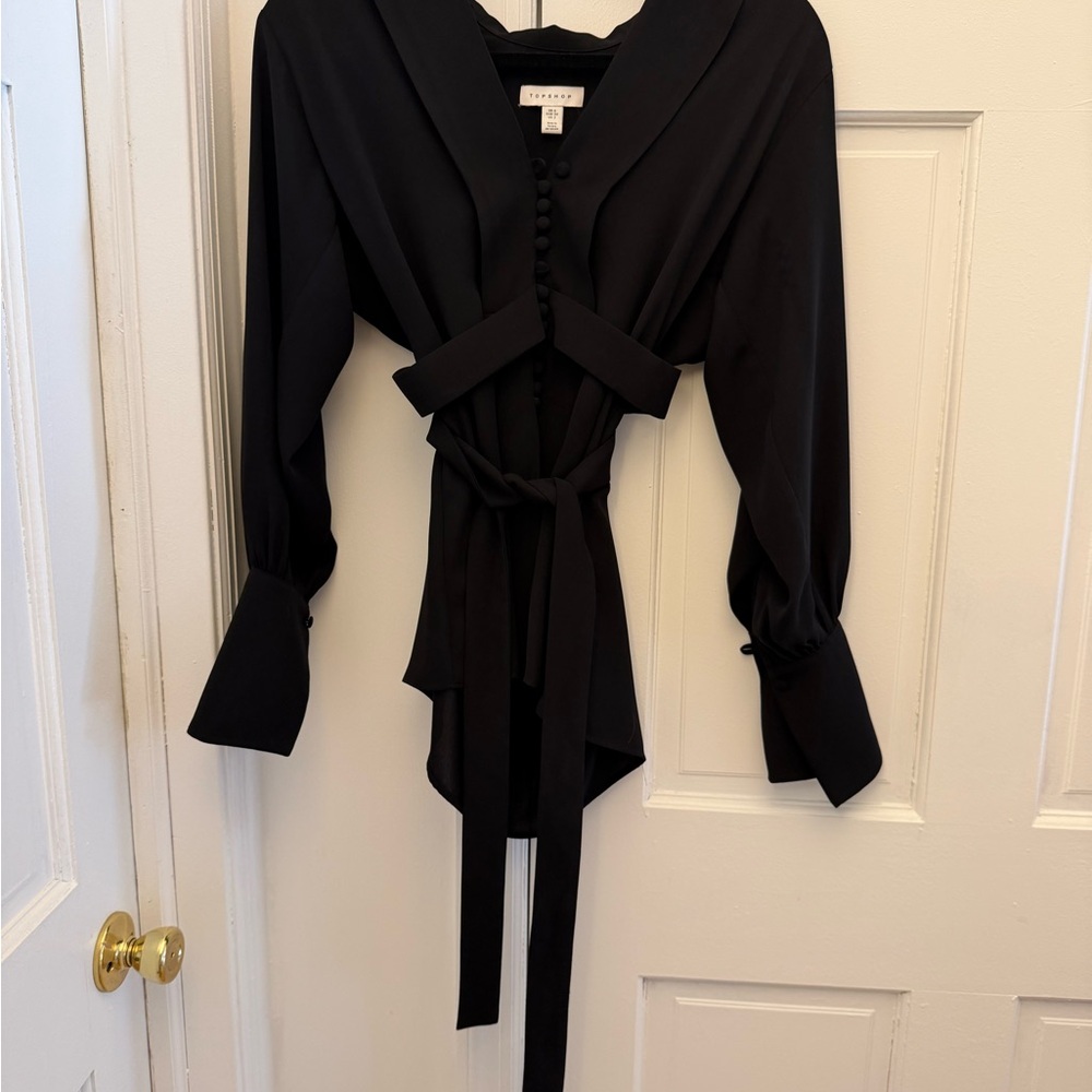 Topshop Black Long Sleeve Blouse with Tie Waist